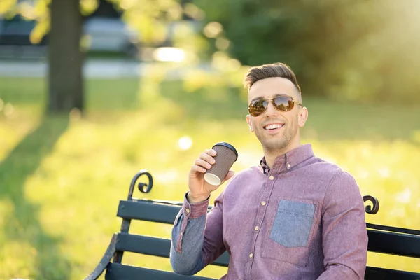 Handsome Man Drinking Coffee While Resting Bench Green Park — Stock Photo, Image