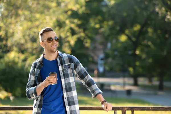 Handsome Man Drinking Coffee Green Park — Stock Photo, Image