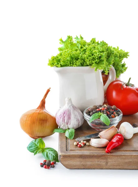 Composition Spices Fresh Vegetables White Background — Stock Photo, Image