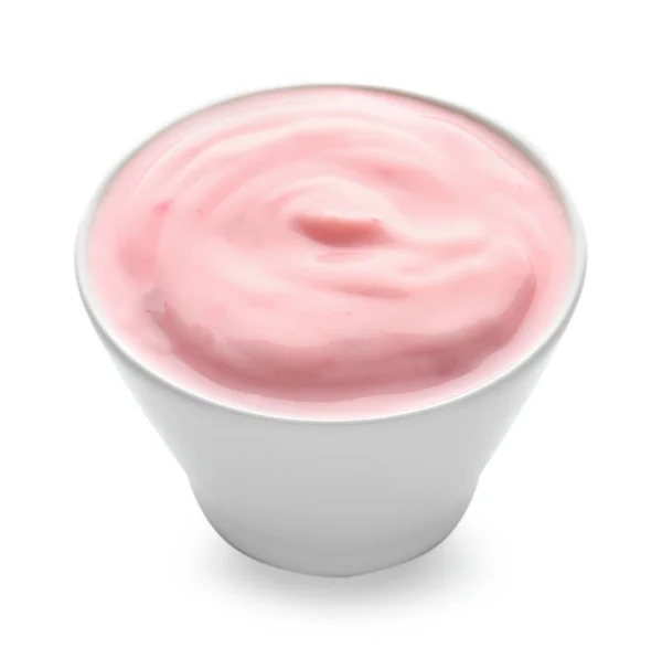 Miska Smaczny Jogurt Truskawkowy Białym Tle — Zdjęcie stockowe