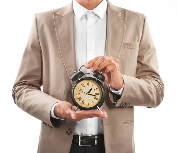 Businessman Holding Alarm Clock White Background Time Management Concept — Stock Photo, Image