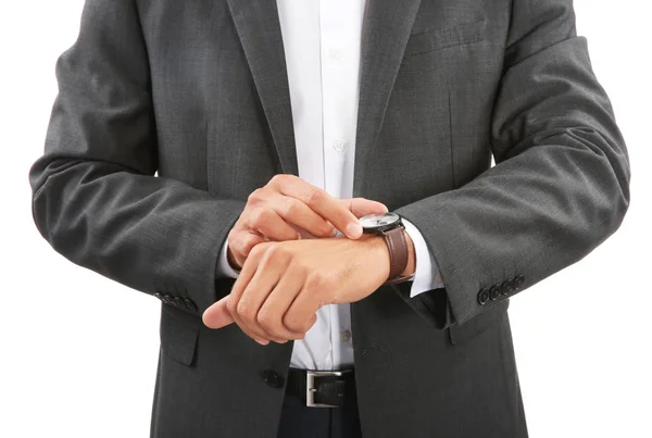 Uomo Affari Che Guarda Suo Orologio Sfondo Bianco Primo Piano — Foto Stock