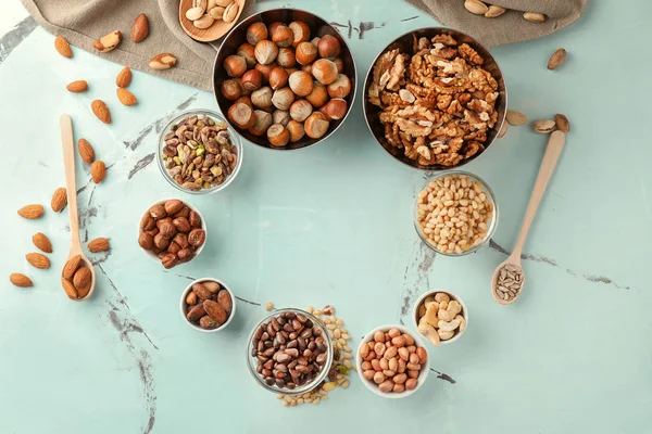 Composition Different Nuts Light Background — Stock Photo, Image