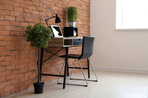 Stylish Workplace Laptop Table Brick Wall Office — Stock Photo, Image