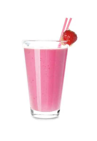 Beyaz Arka Planda Bir Bardak Lezzetli Çilekli Smoothie — Stok fotoğraf