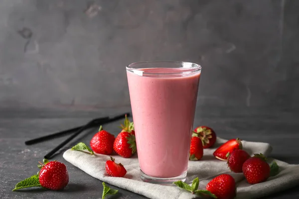 Glass Tasty Strawberry Smoothie Grey Table — Stock Photo, Image