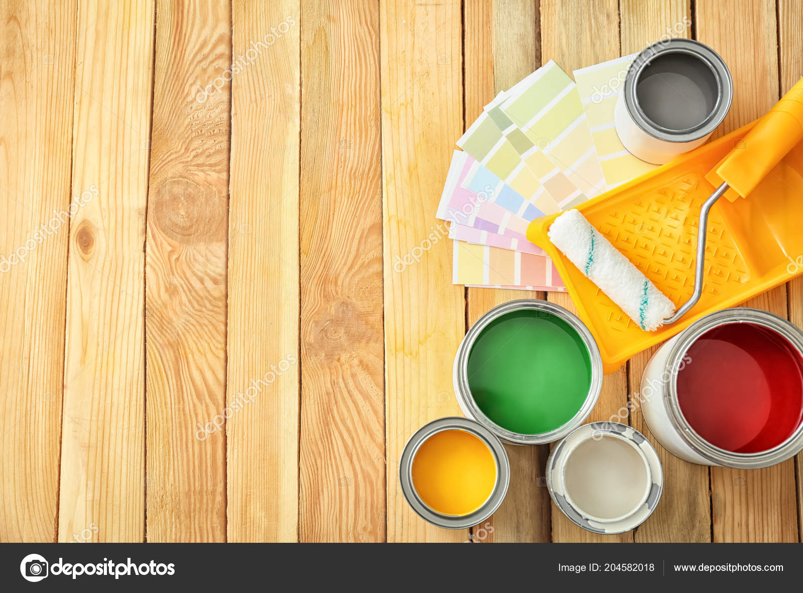 Cans Paint Tray Roller Wooden Background Stock Photo Serezniy Cans Of Paint Tray And Roller On Wooden Background Photo By