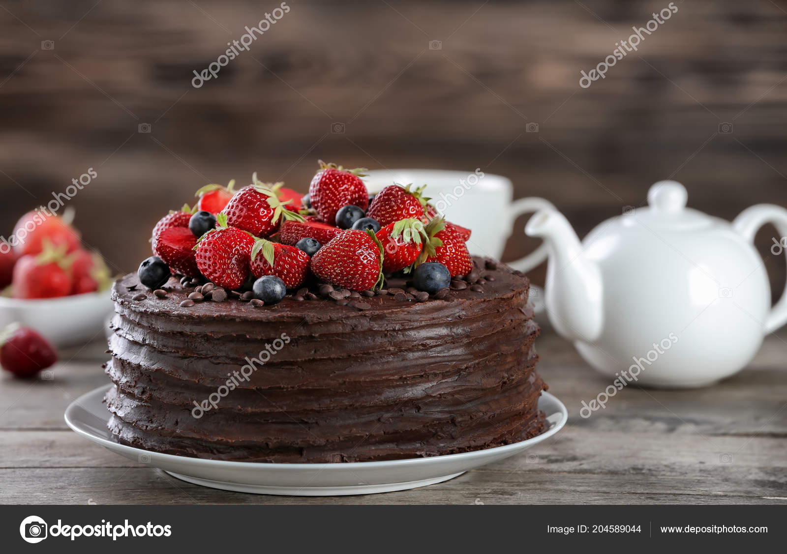 Tasty Chocolate Cake Decorated Strawberry Blueberry Wooden Table