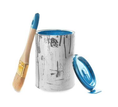 Boya ve fırça beyaz arka plan üzerinde konservesi