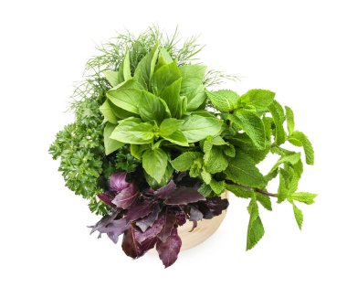 Beyaz arka plan üzerinde taze otlar ile kase