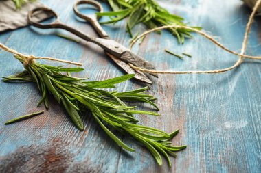 Taze biberiye, sicim ve renk ahşap arka plan için eski makaslar