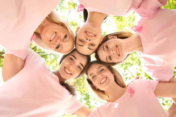 Beautiful Women Different Ages Pink Ribbons Outdoors Breast Cancer Concept — Stock Photo, Image