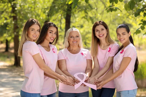 Beautiful Women Different Ages Holding Pink Ribbon Outdoors Breast Cancer — Stock Photo, Image