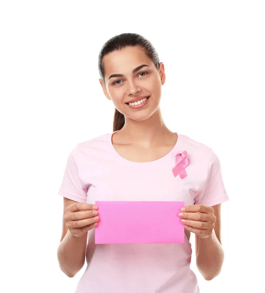 Mulher Bonita Com Fita Rosa Segurando Cartão Fundo Branco Conceito — Fotografia de Stock