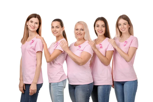 Hermosas Mujeres Diferentes Edades Con Cintas Rosas Sobre Fondo Blanco — Foto de Stock