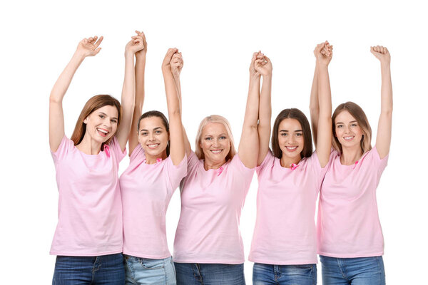 Beautiful women of different ages with pink ribbons on white background. Breast cancer concept