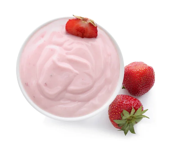 Schüssel Mit Leckerem Joghurt Und Erdbeeren Auf Weißem Hintergrund — Stockfoto