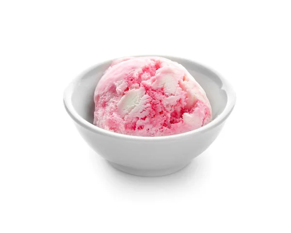 Ciotola Con Gustoso Gelato Alla Fragola Sfondo Bianco — Foto Stock