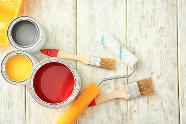 Cans Paint Roller Brushes Wooden Background — Stock Photo, Image