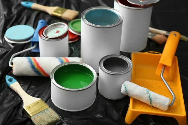 Cans Paint Roller Brush Plastic Cover — Stock Photo, Image