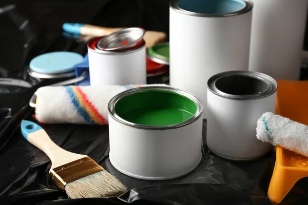 Cans Paint Roller Brush Plastic Cover — Stock Photo, Image