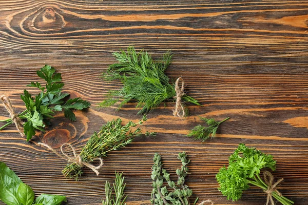 Different Fresh Herbs Wooden Background — Stock Photo, Image