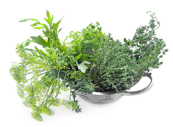 Colander Fresh Herbs White Background — Stock Photo, Image