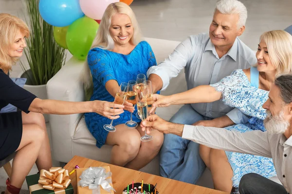 Mature People Celebrating Birthday Champagne Indoors — Stock Photo, Image