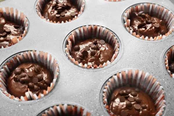 Tin Tasty Chocolate Muffins Closeup — Stock Photo, Image