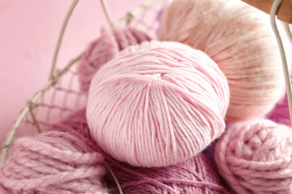 Basket Balls Knitting Yarn Closeup — Stock Photo, Image