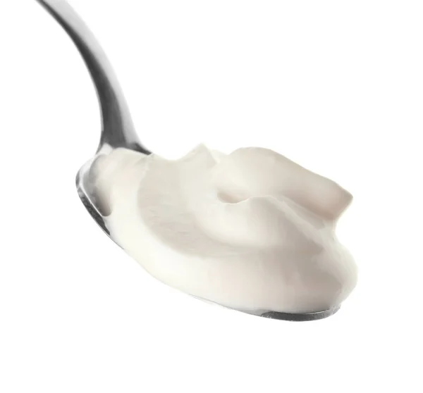 Spoon Tasty Yogurt White Background — Stock Photo, Image