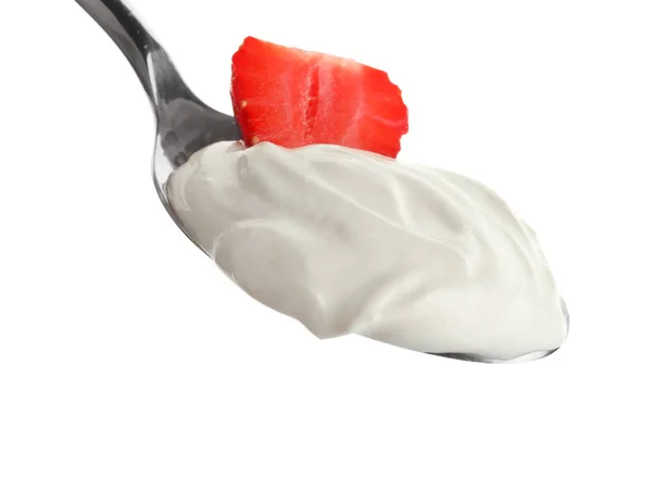 Cuchara Con Sabroso Yogur Fresa Sobre Fondo Blanco — Foto de Stock