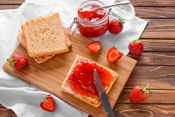 Composition Tasty Strawberry Jam Wooden Table — Stock Photo, Image