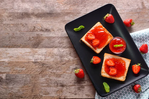 Composition Tasty Strawberry Jam Wooden Table — Stock Photo, Image