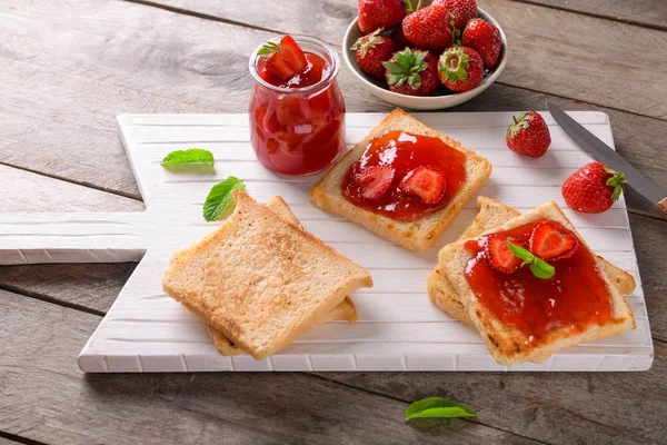 Composition Tasty Strawberry Jam Wooden Table — Stock Photo, Image