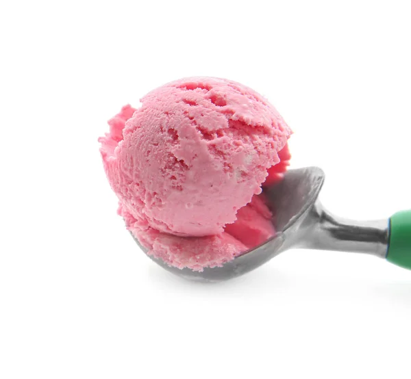 在白色背景美味的草莓冰淇淋铲 — 图库照片