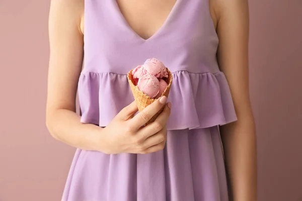 Woman Holding Waffle Cone Delicious Strawberry Ice Cream Color Background — Stock Photo, Image