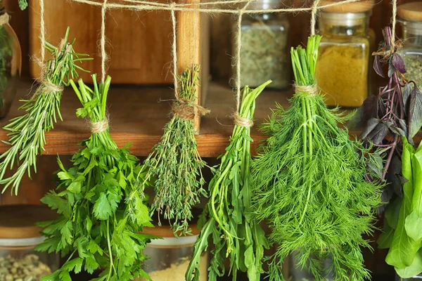 Fresh Herbs Hanging String Wooden Shelf — Stock Photo, Image