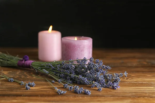 Beautiful Lavender Candles Wooden Table — Stock Photo, Image