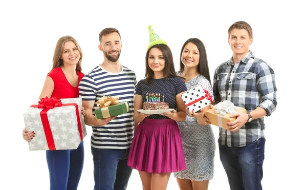 Young Woman Birthday Cake Her Friends Gift Boxes White Background — Stock Photo, Image