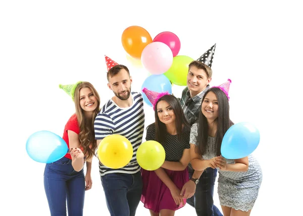 Young People Birthday Party Caps Balloons White Background — Stock Photo, Image