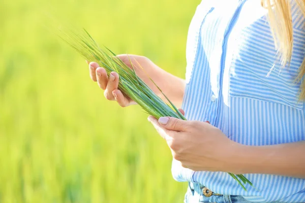 Kvinna Med Vete Spikelets Grönt Fält — Stockfoto