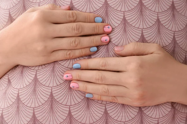 Female Hands Stylish Color Nails Fabric Closeup — Stock Photo, Image