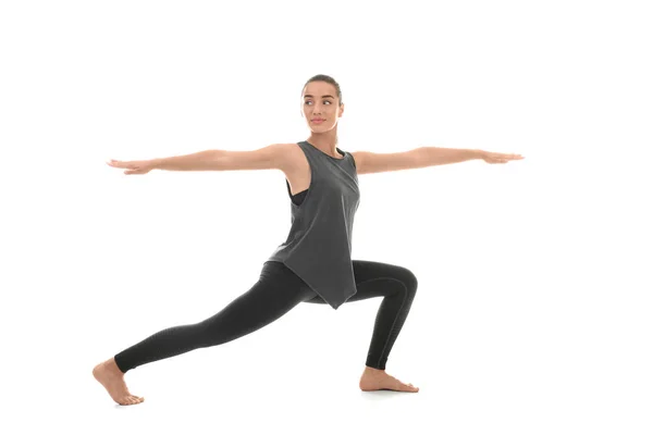 Junge Frau Praktiziert Yoga Auf Weißem Hintergrund — Stockfoto