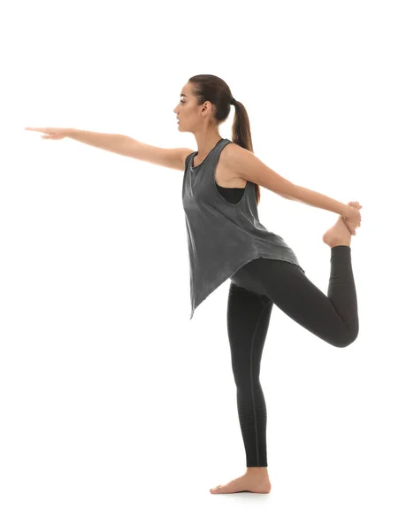 Ung Kvinna Utövar Yoga Vit Bakgrund — Stockfoto