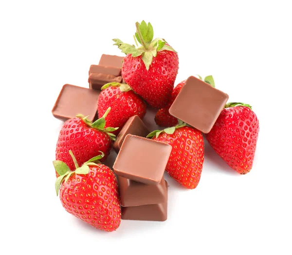 Frische Reife Erdbeeren Mit Schokolade Auf Weißem Hintergrund — Stockfoto