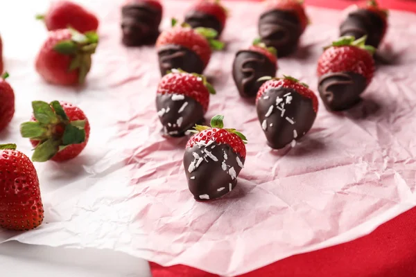 Delicious Strawberries Covered Chocolate Parchment — Stock Photo, Image