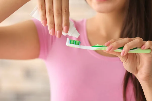 Young Woman Squeezing Toothpaste Brush Closeup — Stock Photo, Image