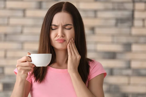 Young Woman Sensitive Teeth Cup Hot Coffee Blurred Background — Stock Photo, Image