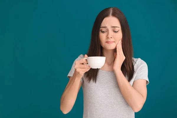 Young Woman Sensitive Teeth Cup Hot Coffee Color Background — Stock Photo, Image